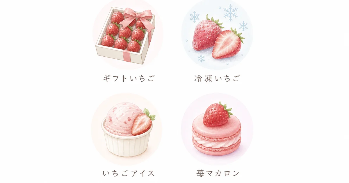 苺の花ことばの商品ラインナップ（ギフトいちご・冷凍いちご・加工品）の図解