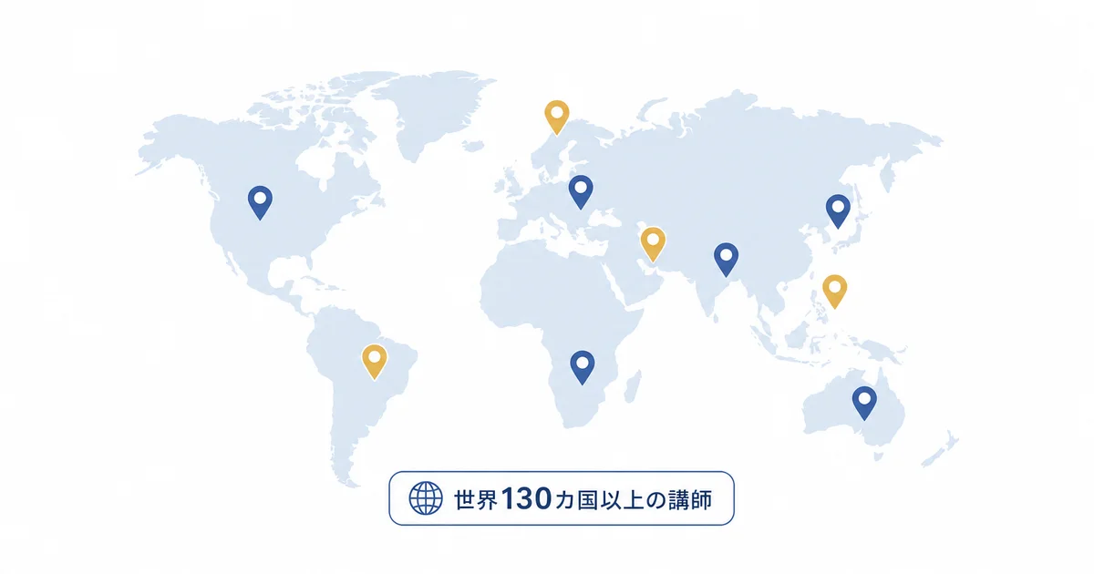 世界地図上に130カ国以上の講師拠点を示すピンがある図解