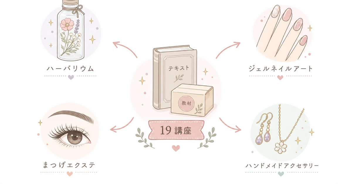 ハンドメイド・美容・ライフスタイル系の19講座から選べることを示す図解