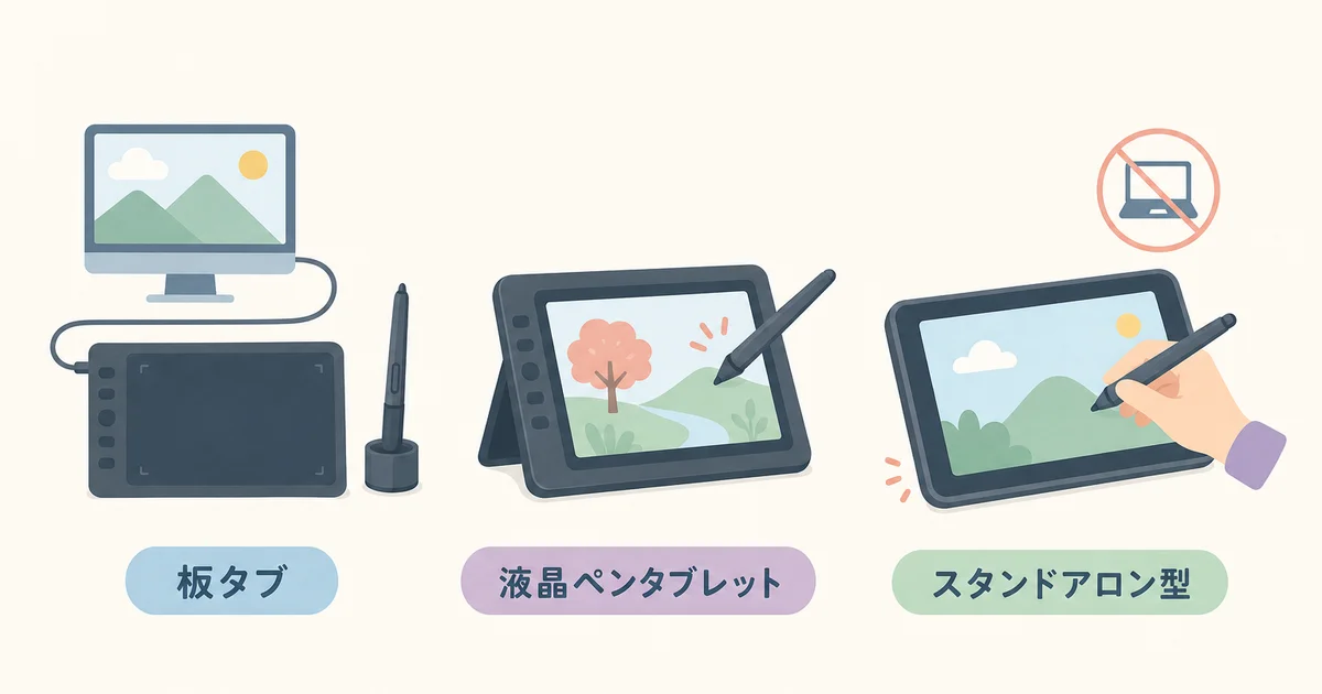 板タブ・液晶ペンタブレット・スタンドアロン型の3タイプを比較する図解
