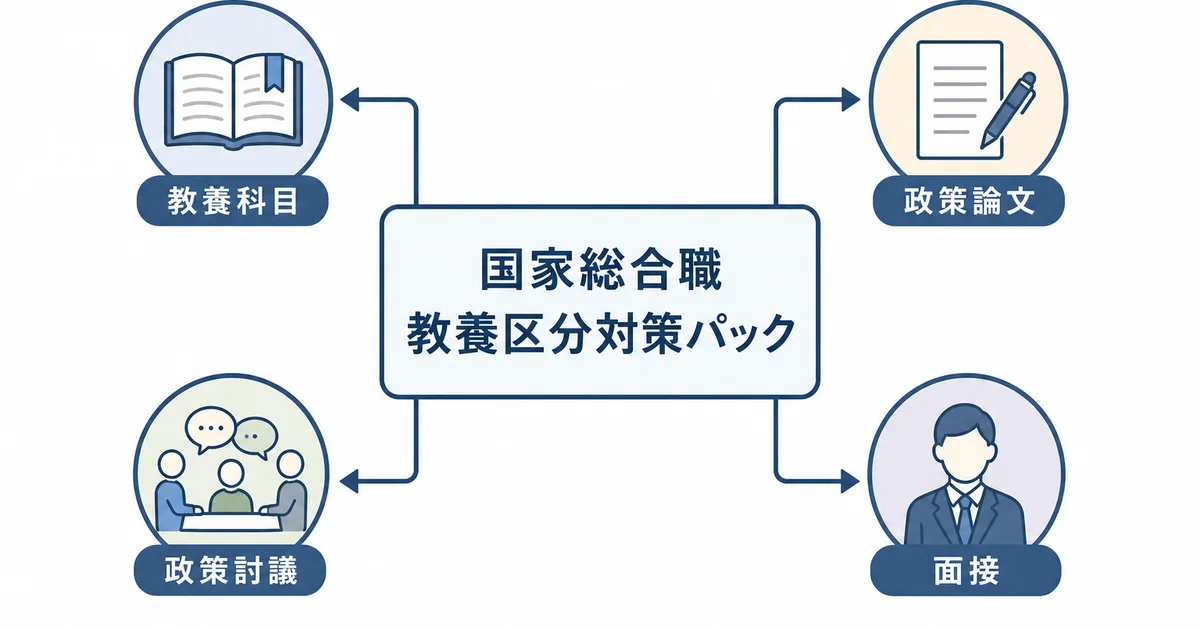 スタディング国家総合職教養区分対策パックの対策範囲(教養科目・政策論文・政策討議・面接)を示す図解
