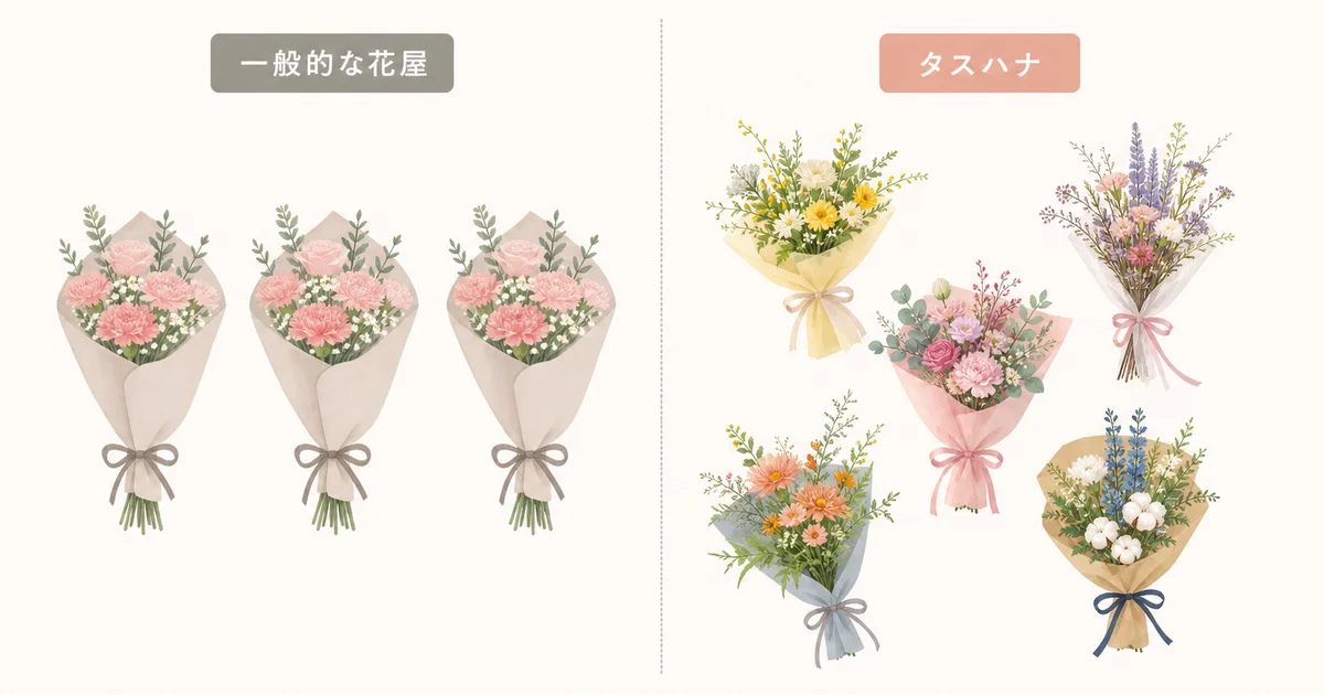 一般的な花屋の花束とタスハナの多様な花を比較したイラスト