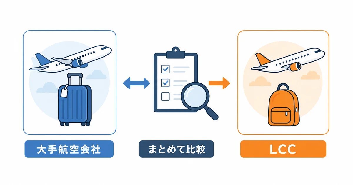 大手航空会社とLCCの運賃をまとめて比較する図解