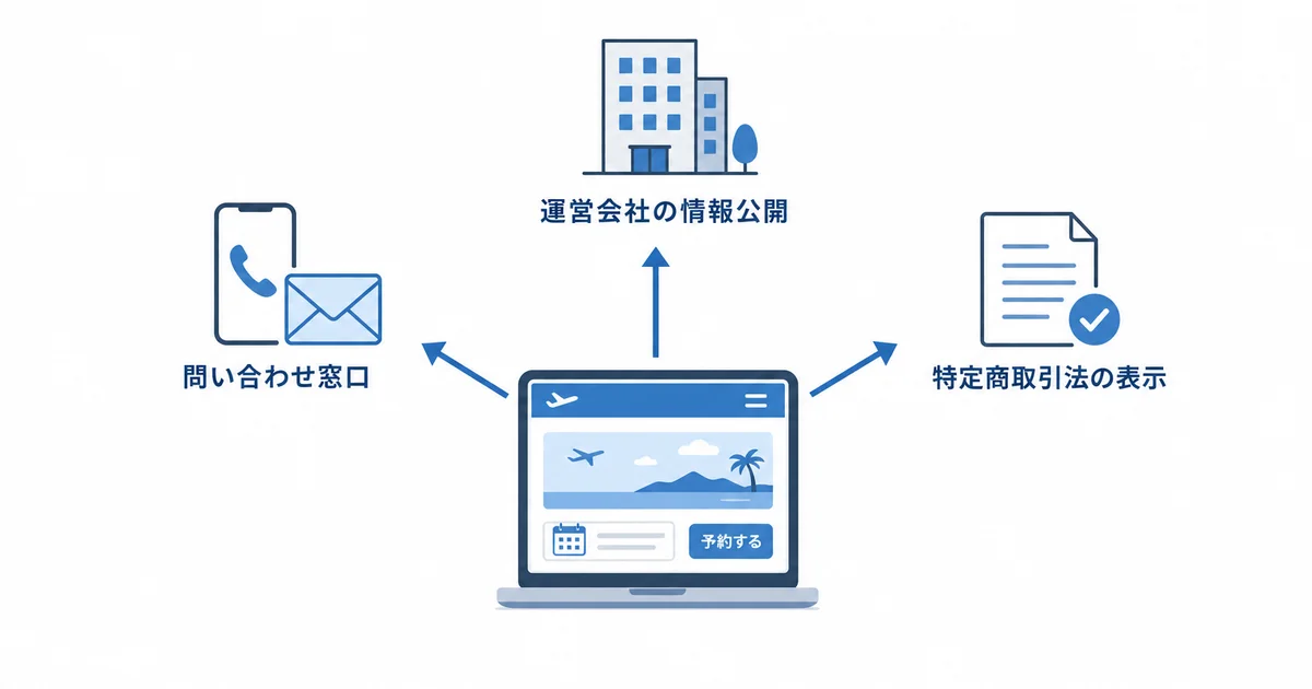 トラベリストの運営会社情報公開・問い合わせ窓口・特定商取引法の表示を示す図解