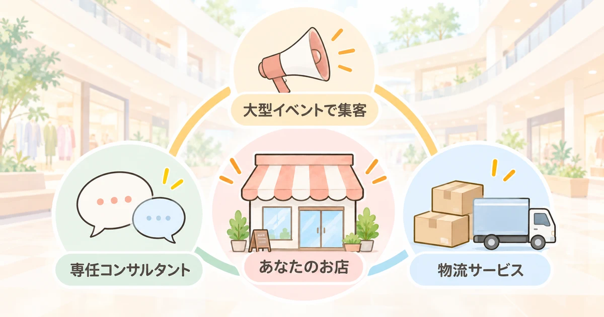 モール全体の集客とコンサルタント、物流サービスで店舗を支える仕組み