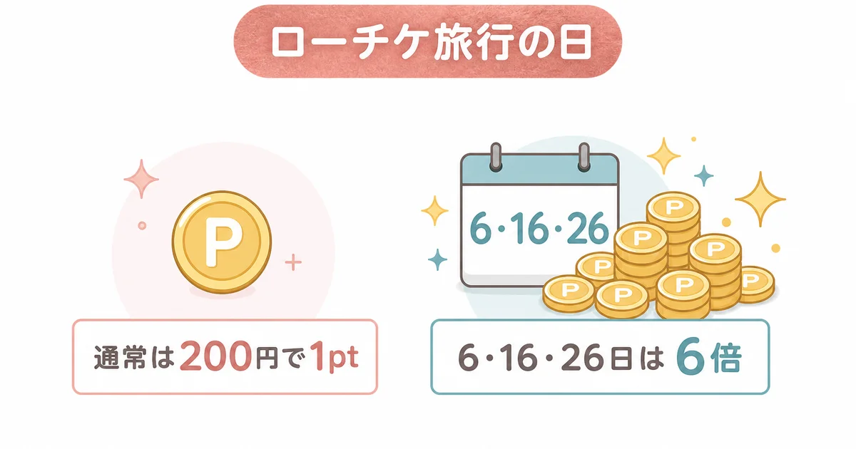 通常200円で1ポイント、ローチケ旅行の日は6倍になるPontaポイント還元の図解