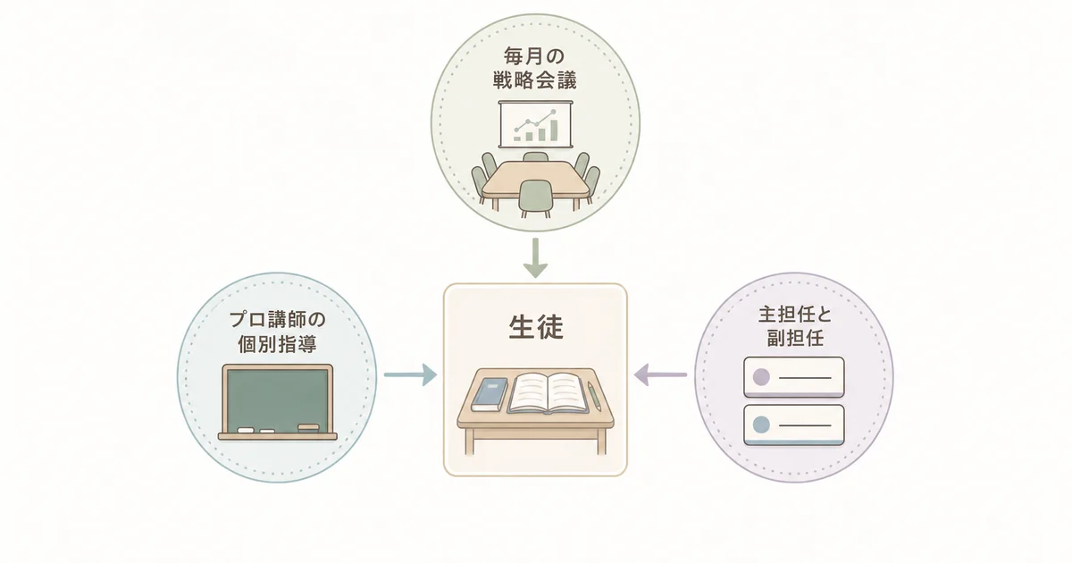 受験Dr.個別指導塾のサポート体制(プロ講師の個別指導・主担任と副担任・毎月の全講師での戦略会議)の図解