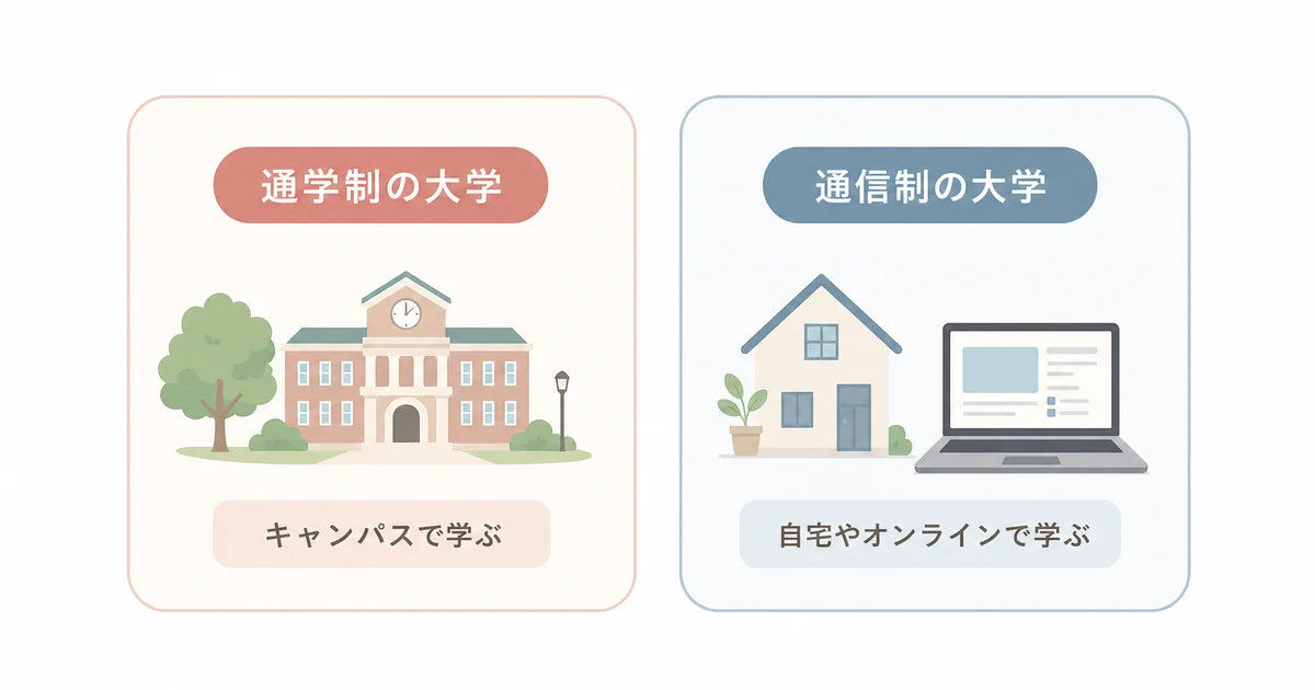通学制の大学と通信制の大学の学び方の違い(キャンパスで学ぶ・自宅やオンラインで学ぶ)の図解