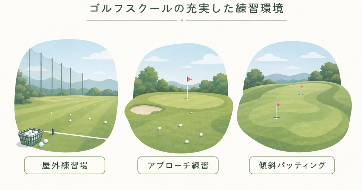 屋外練習場とアプローチ・傾斜パッティングを1か所で練習できる設備