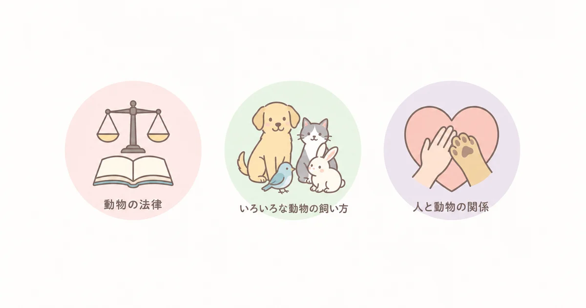 動物の法律、いろいろな動物の飼い方、人と動物の関係を学べることを表す図解