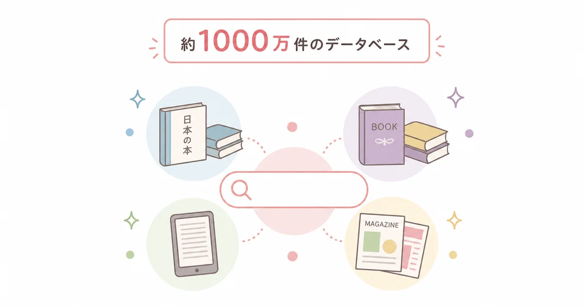 和書洋書電子書籍雑誌など約1000万件のデータベースから探せることを示す図解