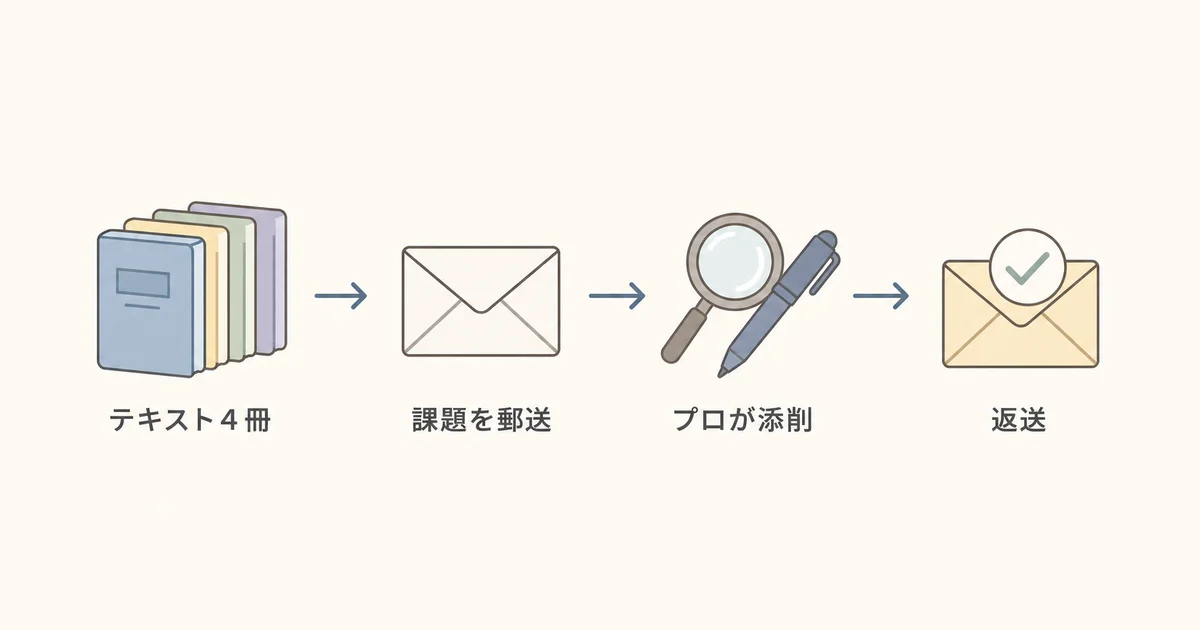 講談社フェーマススクールズの受講の仕組みを表す図解。テキスト4冊、課題を郵送、プロが添削、返送の4ステップ