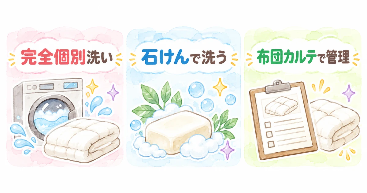 しももとクリーニングの洗い方の特徴。完全個別洗い、石けんで洗う、布団カルテで管理