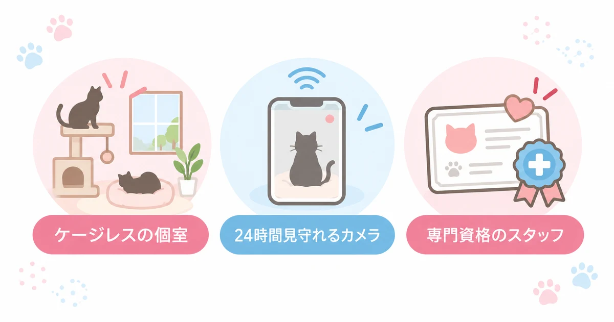 ねこべやの3つの強み（ケージレスの個室・24時間見守れるカメラ・専門資格のスタッフ）