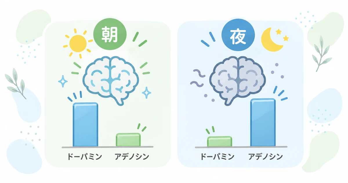 朝はドーパミンが多くアデノシンが少なく、夜はドーパミンが減りアデノシンがたまる脳の状態の比較