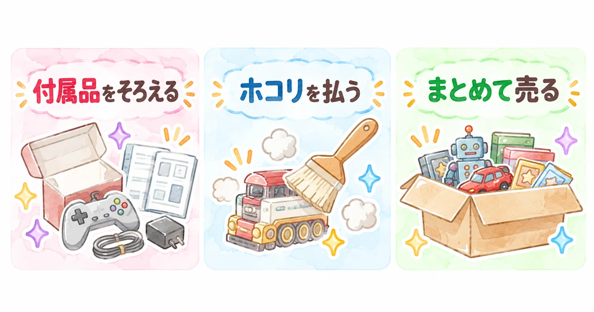 査定額を上げるために送る前にやっておきたいこと。付属品をそろえる、ホコリを払う、まとめて売る
