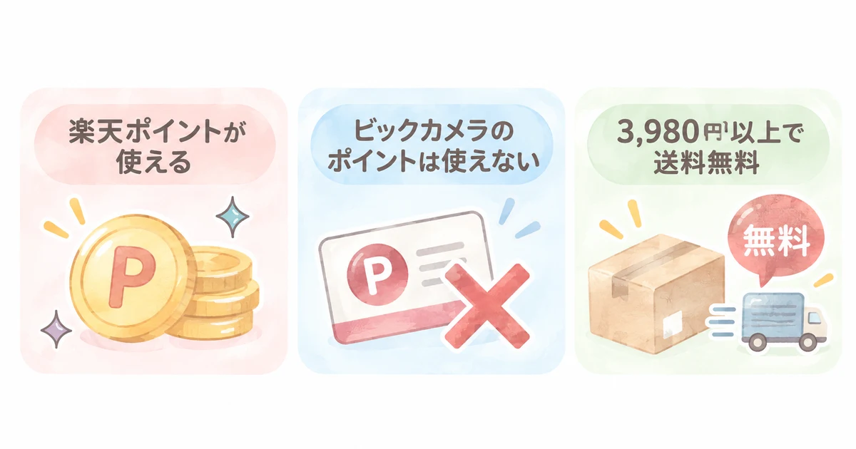 楽天ビックのポイントと送料の決まり(楽天ポイントが使える・ビックカメラのポイントは使えない・3,980円以上で送料無料)