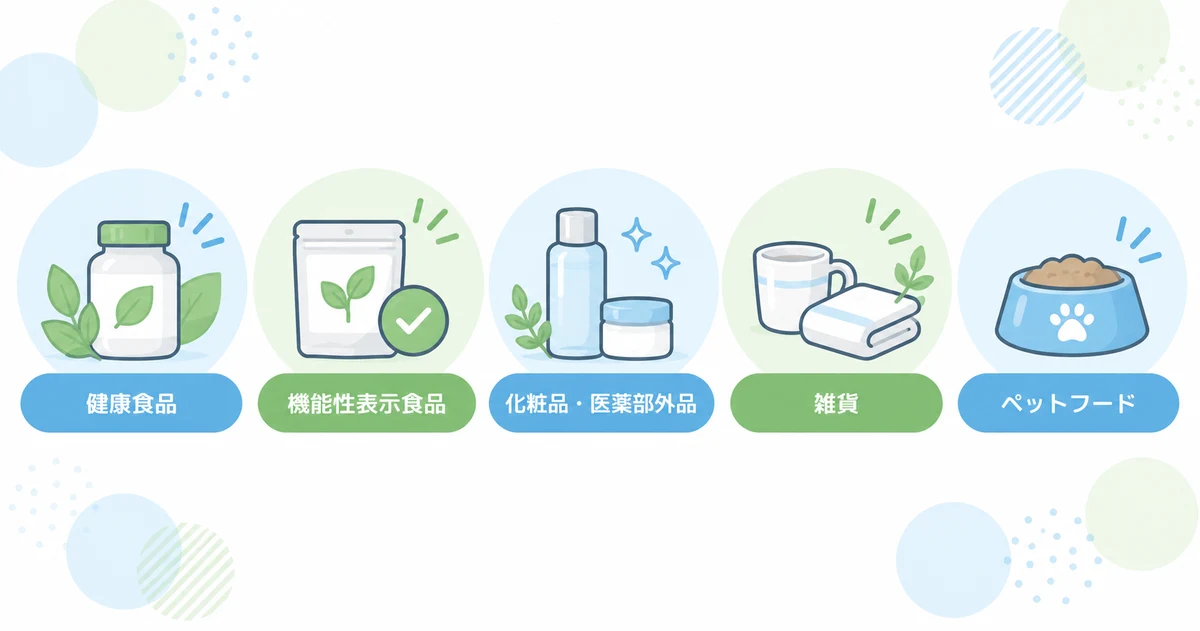 薬機法広告検定の出題範囲5分野（健康食品・機能性表示食品・化粧品・医薬部外品・雑貨・ペットフード）