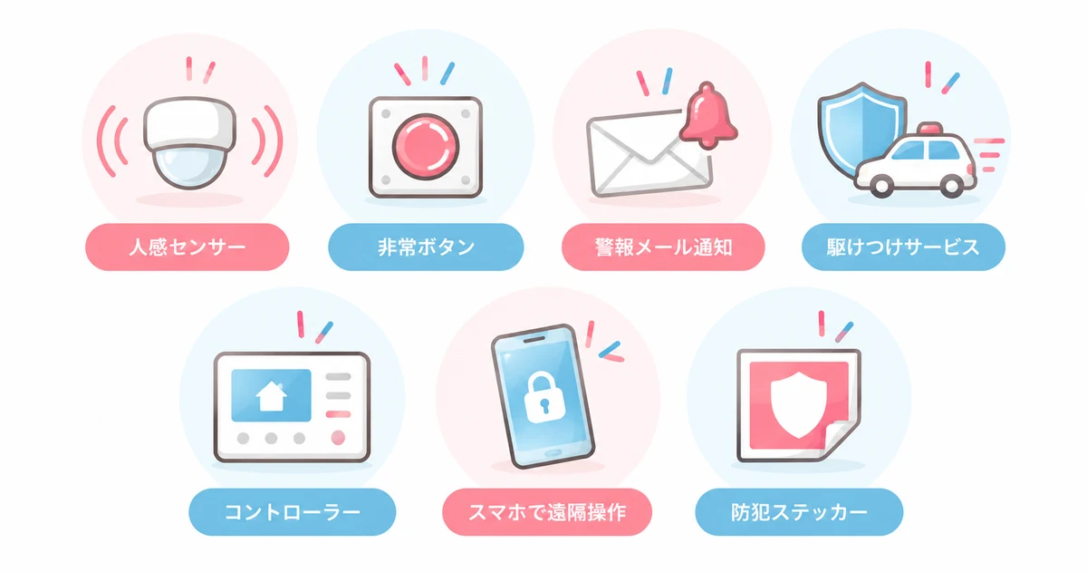 関電SOSのベーシックメニューの7点セット（人感センサー・非常ボタン・警報メール通知・駆けつけサービス・コントローラー・スマホで遠隔操作・防犯ステッカー）