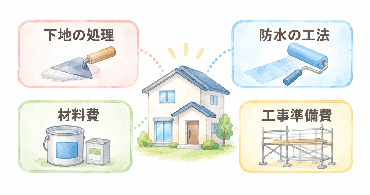防水工事の見積もり額を左右する4つの要素(下地の処理、防水の工法、材料費、工事準備費)
